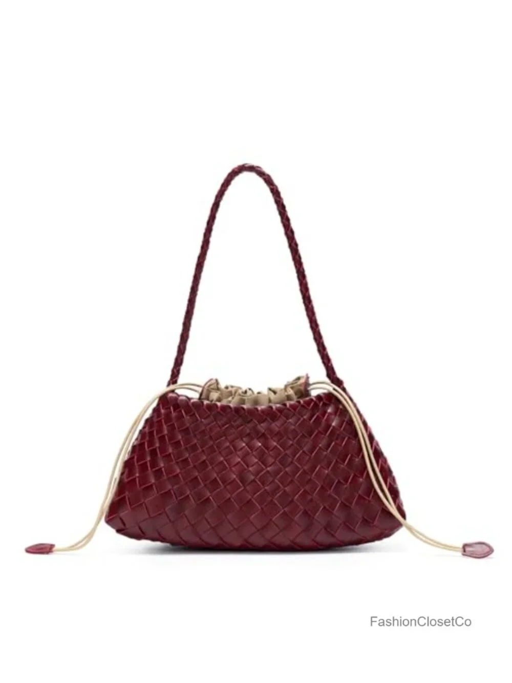 Woven Vegan Leather Hobo Bag Secure Drawstring Pouch Shoulder Clutch